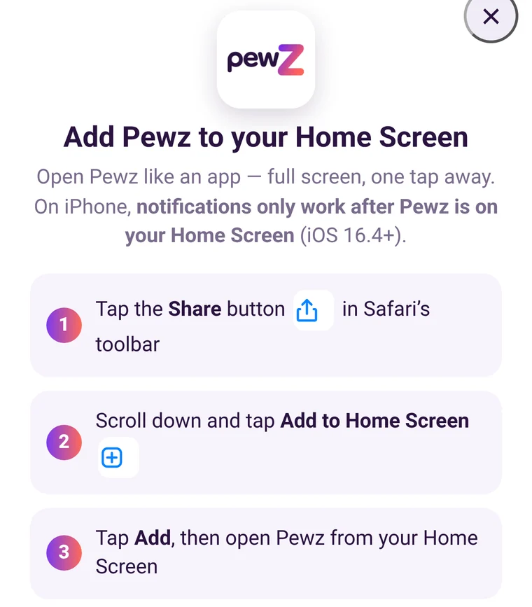 Add Pewz to your Home Screen steps