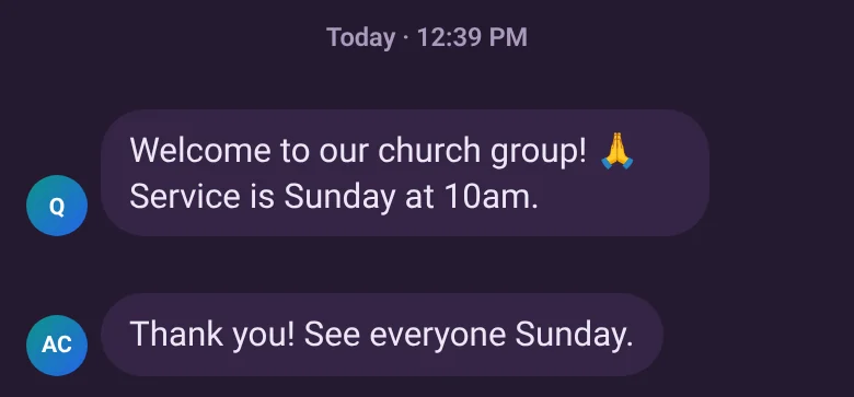 A church group chat on Pewz