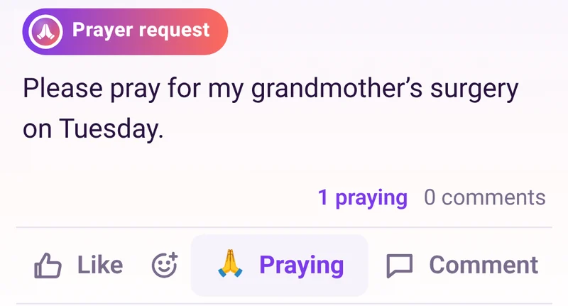 A Pewz prayer request post with the Praying button